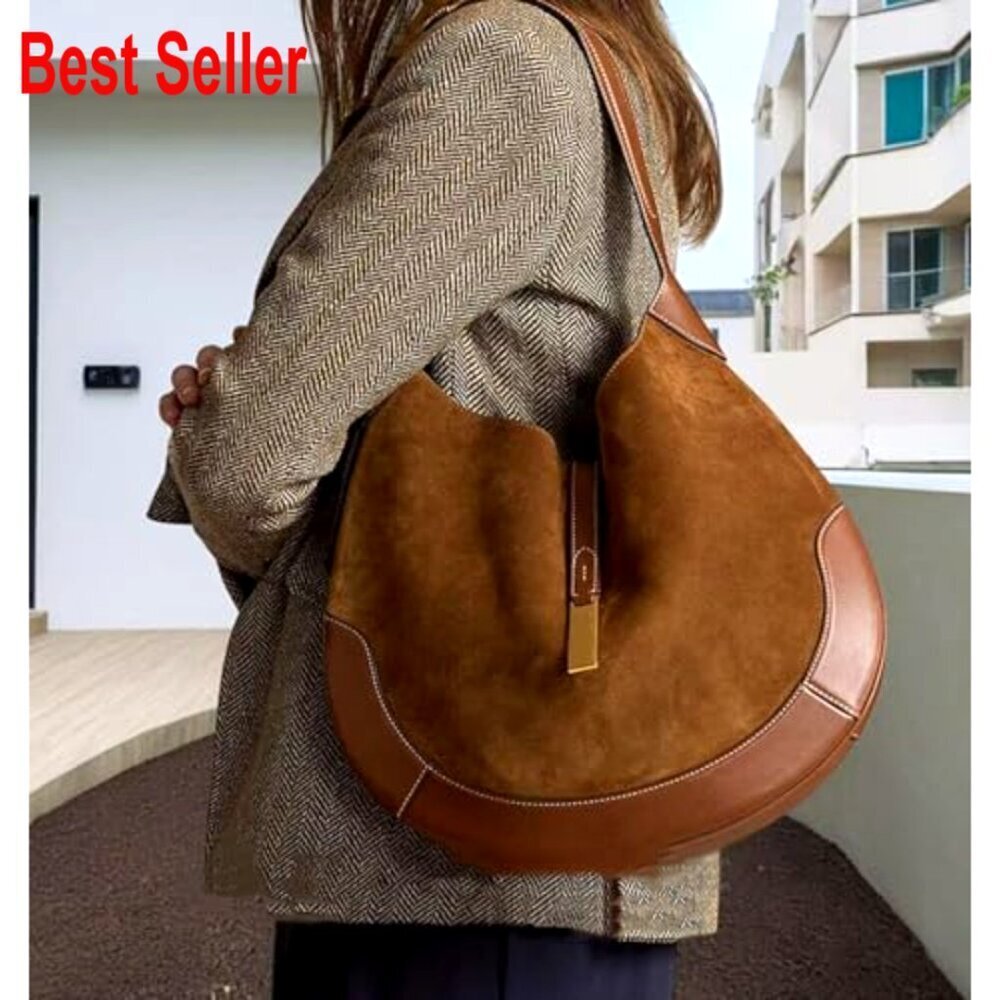 Suede & Split Leather Hobo Shoulder Bag Large Capacity Magnetic Closure - Picture 2 of 7